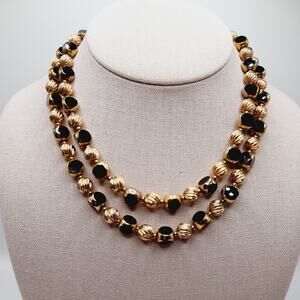Vintage Two Strand Gold Plated & Black Bead Necklace 16” including Extender